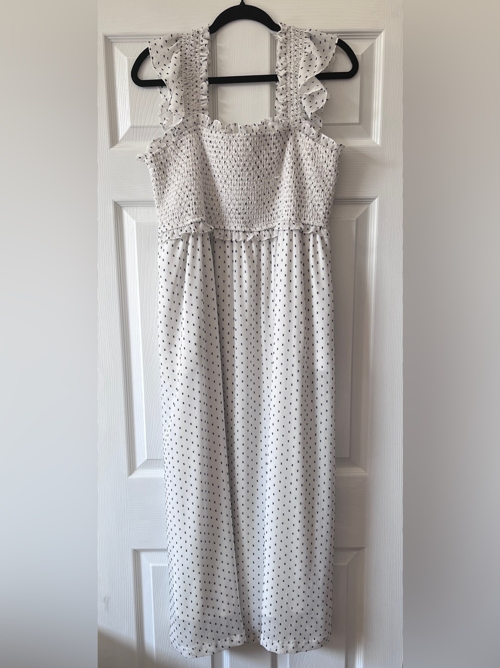 Motherhood Maternity White Smocked Sleeveless Maxi Dress with Black Polka Dots